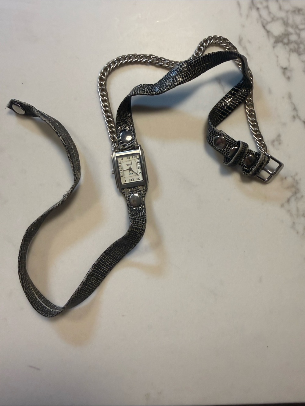 La Mer Black Faux-Snake Wrap Watch with Silver Chain Accent